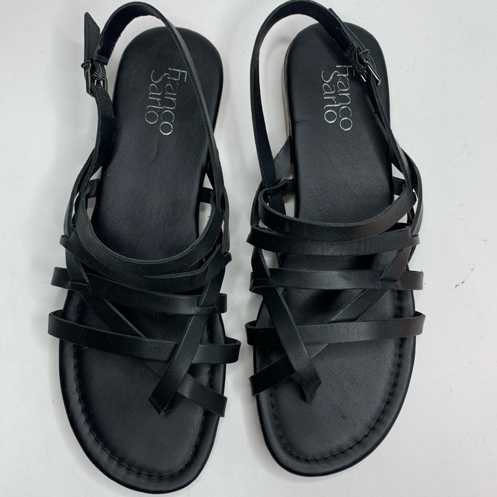SH2 Franco Sarto Black Leather Strappy Flat Gladiator Sandals 9.5M Greek Hippie